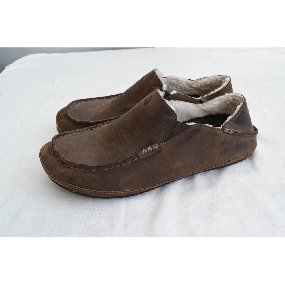 OluKai Moloa Slipper 9 Dark Wood Leather Shearling Mens Moccasin 10252-6363